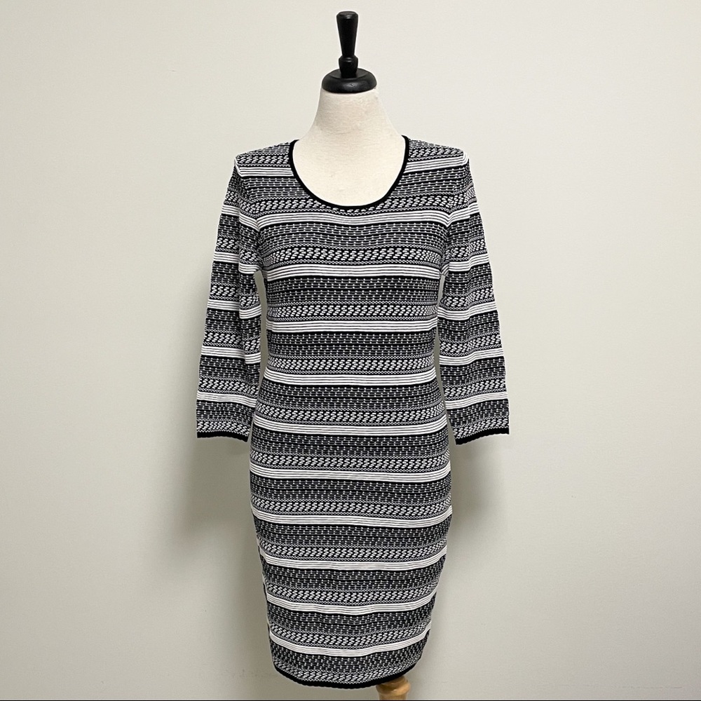 Catherine Maladrino Black White Textured Knit 3/4 Sleeve Bodycon Dress NWT Large